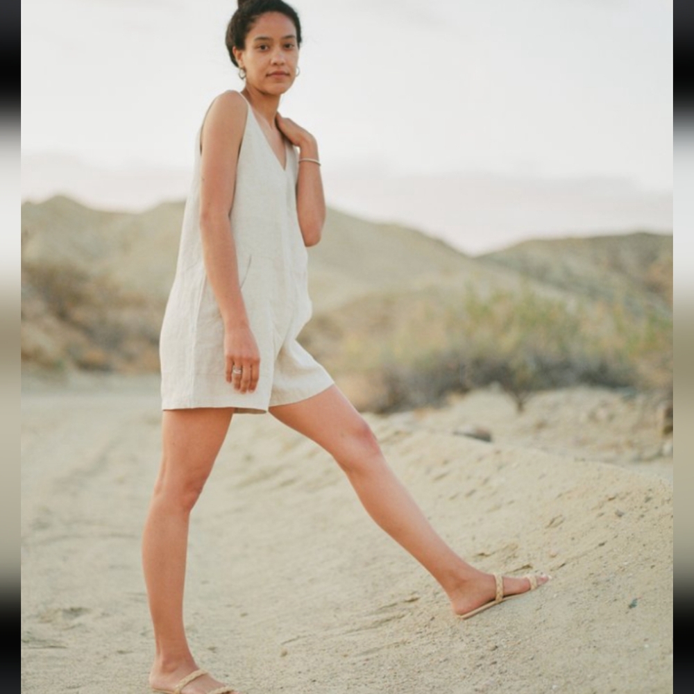 OZMA Simone Laundered Linen Romper Oatmeal Petite